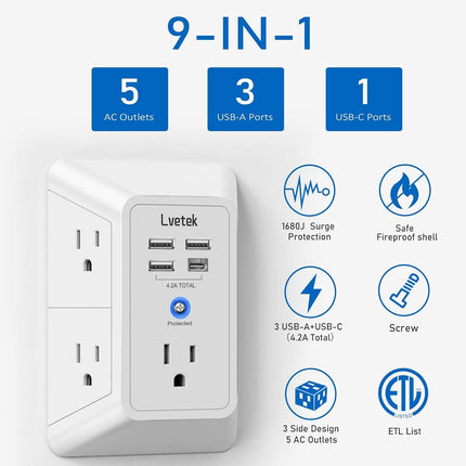 5-Outlet Wall Extender with 4 USB (1 USB-C), 1680J Surge Protector, White