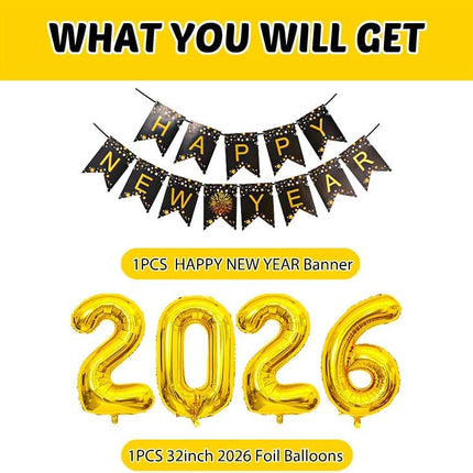 Happy New Year 2026 Party Supplies Kit – Banner, Foil & Latex Balloons