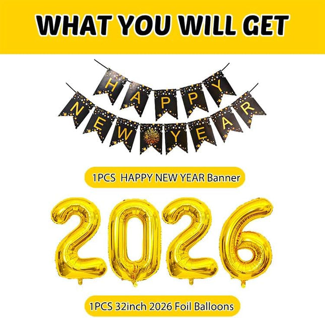 Happy New Year 2026 Party Supplies Kit – Banner, Foil & Latex Balloons