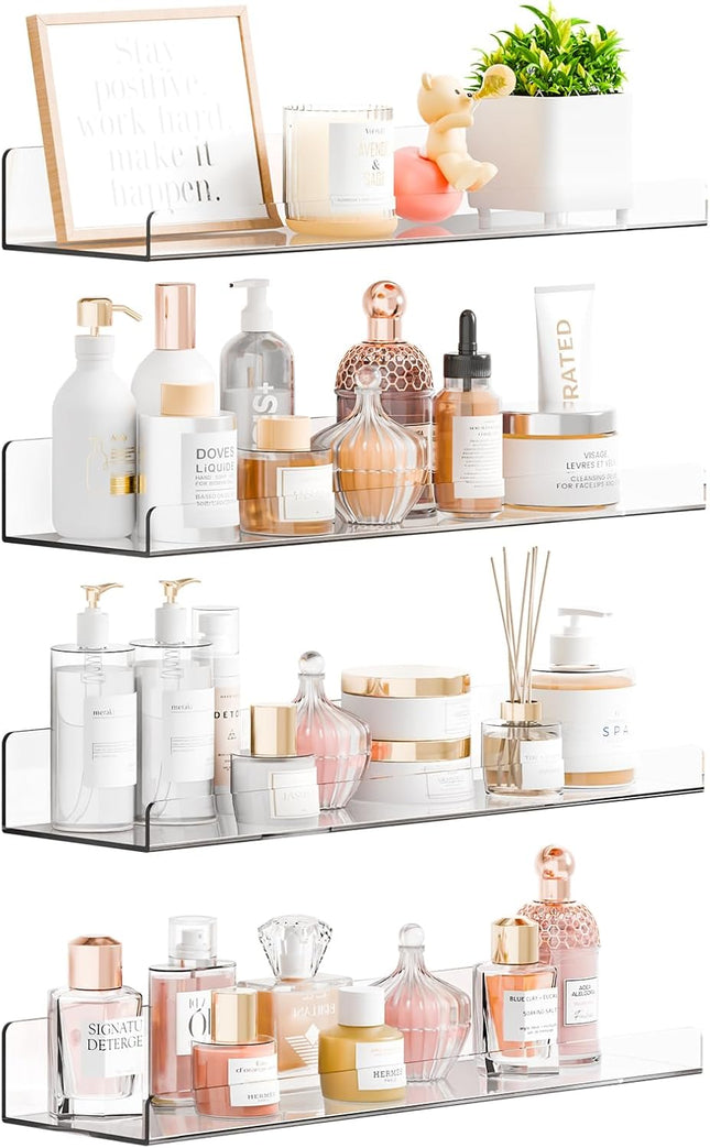 4-Pack 15" Clear Acrylic Floating Shelves – No-Drill Wall Storage & Display