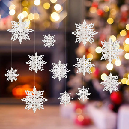 12PCS Christmas Snowflake Decorations – 3D Glitter White Hanging Decor