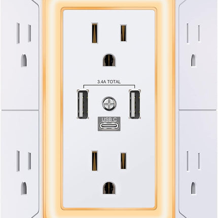 3-Sided 6-Outlet Surge Protector with USB-C, 3 USB Ports & Night Light, White