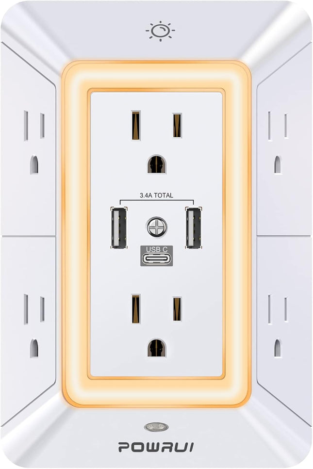 3-Sided 6-Outlet Surge Protector with USB-C, 3 USB Ports & Night Light, White