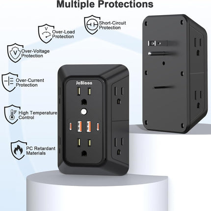 6-Outlet Surge Protector with 4 USB Ports (2 USB-C) – 3-Sided Wall Adapter for Home & Travel