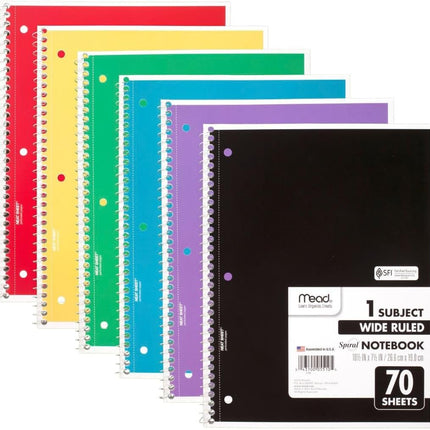 6 Pack Spiral Notebooks 1 Subject Wide Ruled 70 Sheets 7.5x10.5 Assorted Colors