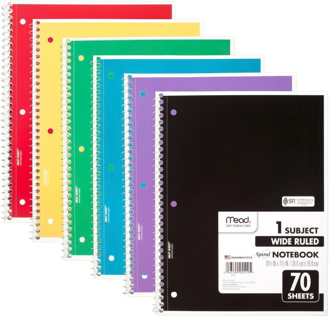 6 Pack Spiral Notebooks 1 Subject Wide Ruled 70 Sheets 7.5x10.5 Assorted Colors