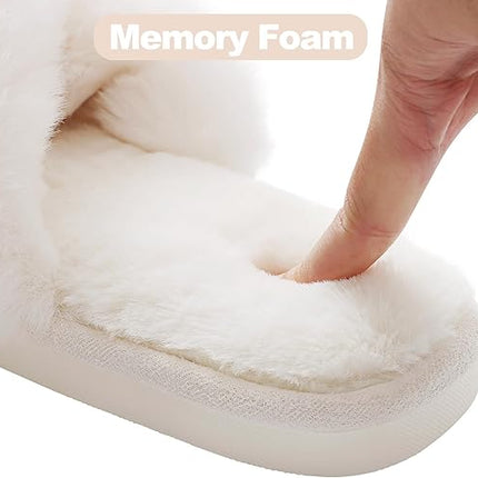 Women's Memory Foam Fuzzy House Slippers Faux Fur Cross Band Open Toe Indoor Shoes