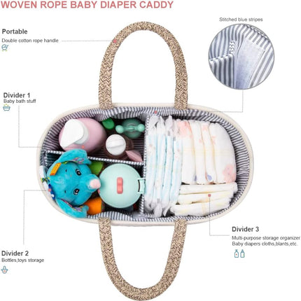 Baby Diaper Caddy Organizer – Portable Cotton Woven Basket, Adjustable Compartments