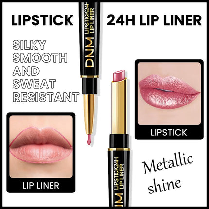 2-in-1 Pink Metallic Lipstick & Lip Liner Set Hydrating Full Coverage 20