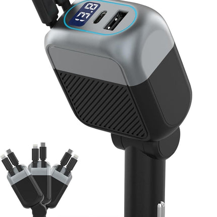 87W Retractable Car Charger, 4-in-1 USB C Fast Charging Adapter with Cable