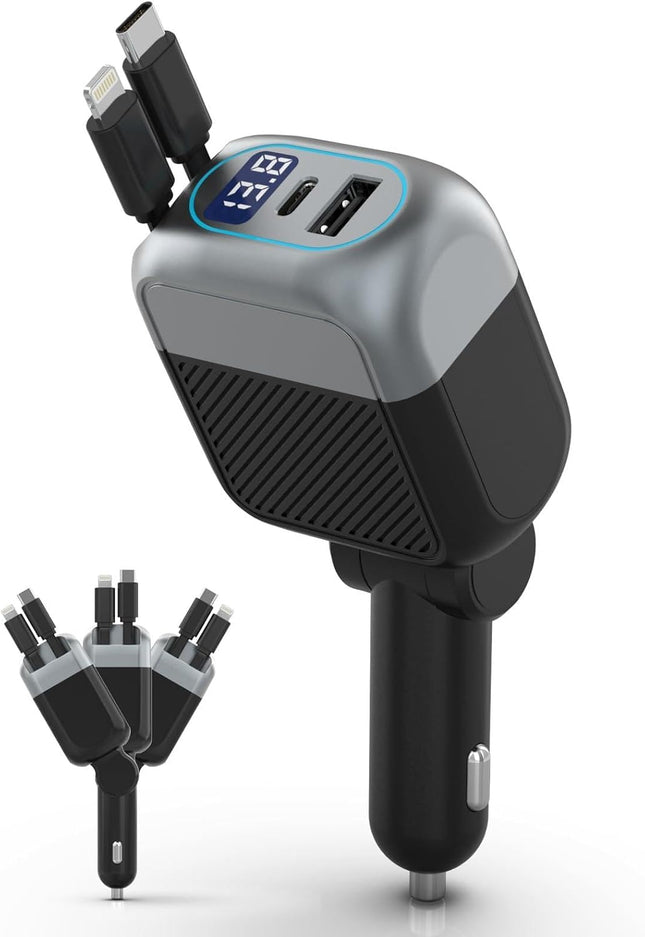 87W Retractable Car Charger, 4-in-1 USB C Fast Charging Adapter with Cable
