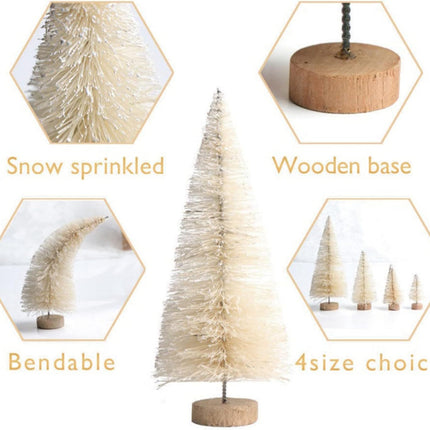 8PCS Mini Bottle Brush Christmas Trees – Frosted Sisal Trees with Wooden Bases