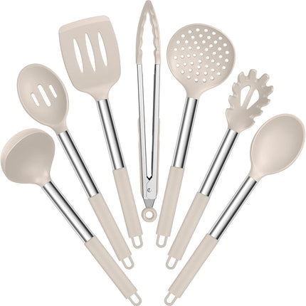 7 Pc Silicone Cooking Utensils Set Khaki Heat Resistant Stainless Steel Handle