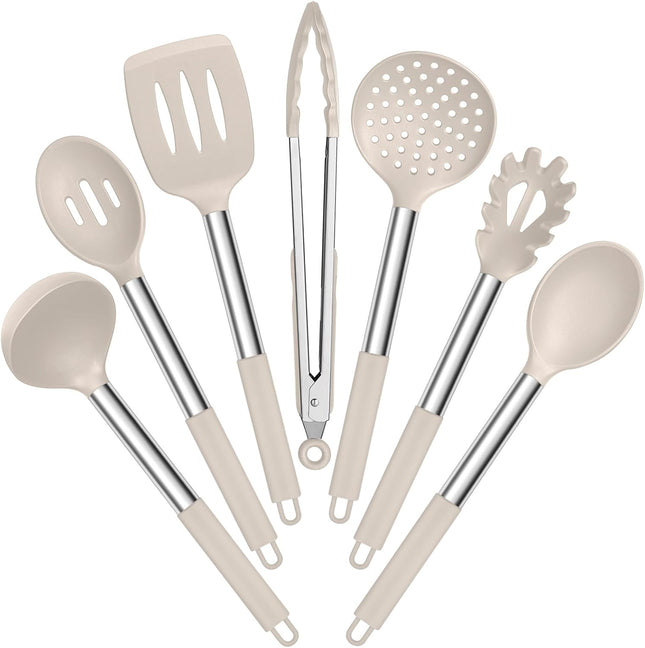 7 Pc Silicone Cooking Utensils Set Khaki Heat Resistant Stainless Steel Handle