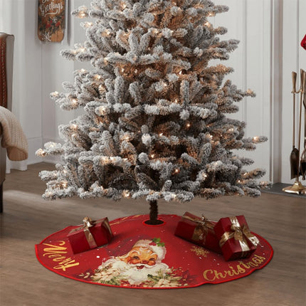 Red and Gold Christmas Tree Skirt Mat, 48 Inch Santa & Snowflake Design
