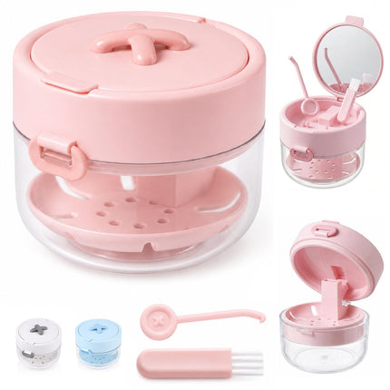 3-in-1 Denture & Retainer Cleaning Case, Large Capacity Bath Box with Mirror, Brush & Tool, Pink