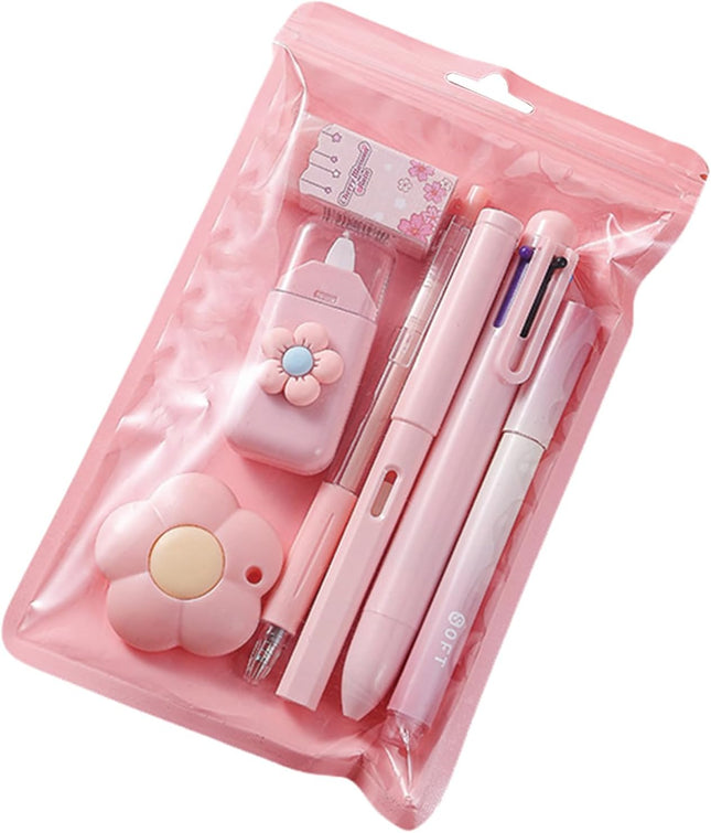 7-Pcs Pink Stationery Set – Cute Kawaii Supplies with Pens, Sharpener, Tape & Ruler