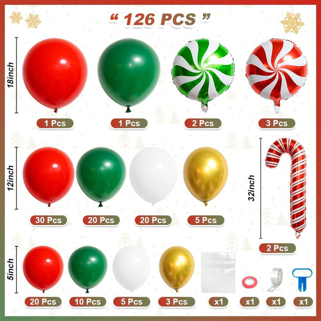 126-Pcs Christmas Balloon Garland Arch Kit Red, Green & White with Gingerbread Theme