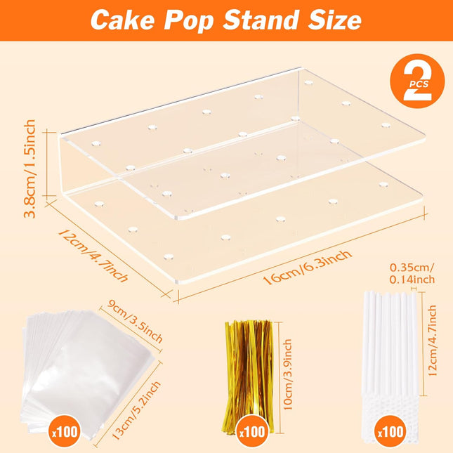 2 Pack Cake Pop Stand Kit Acrylic Holder 100 Sticks Wrappers Twist Ties