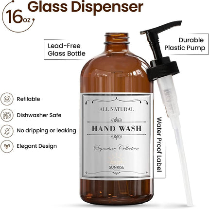 16oz Amber Glass Soap Dispenser Set 2 Pack with Pump & 6 Waterproof Labels