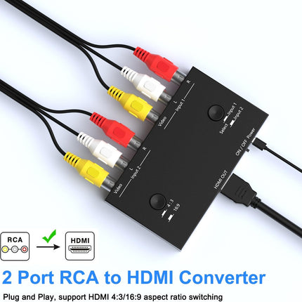 2-Port AV to HDMI Converter – Supports 16:9/4:3 for Consoles & VCR/DVD