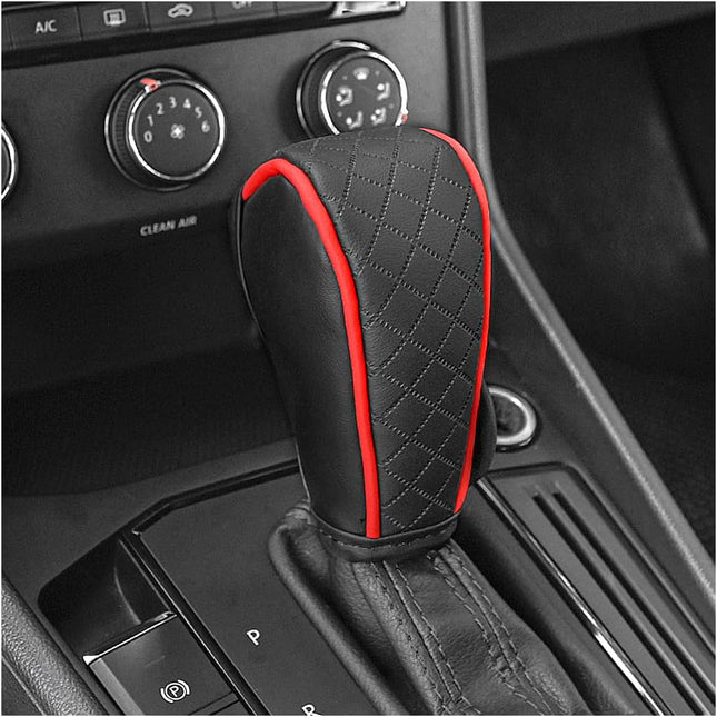 Leather Gear Shift Cover, Diamond Embroidery Shift Knob Protector for Cars Black Red