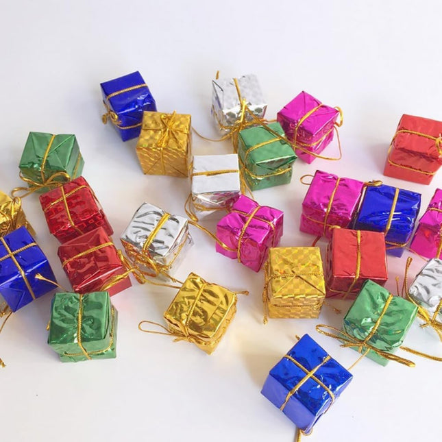 24pcs Shiny Mini Gift Box Ornaments – Metal Foil Wrapped Christmas Tree Decorations
