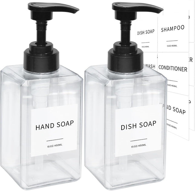 2-Pack Clear Plastic Soap Dispensers 15oz with Waterproof Labels and Silicone Funnel