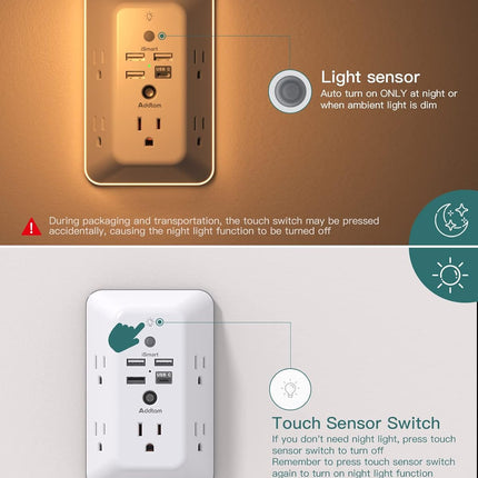 Surge Protector Power Strip, 5 Outlets + 4 USB Ports, Night Light for Home/Office