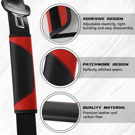 2PCS Red Car Seat Belt Cover Pads Carbon Fiber PU Leather Shoulder Cushion Protectors