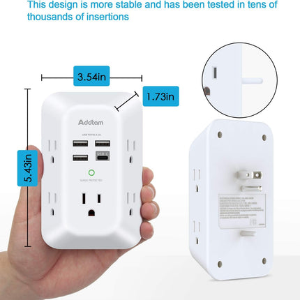 3. Addtam Multi-Plug Wall Adapter, 5-Outlet Extender with USB/USB-C and 1800J Surge