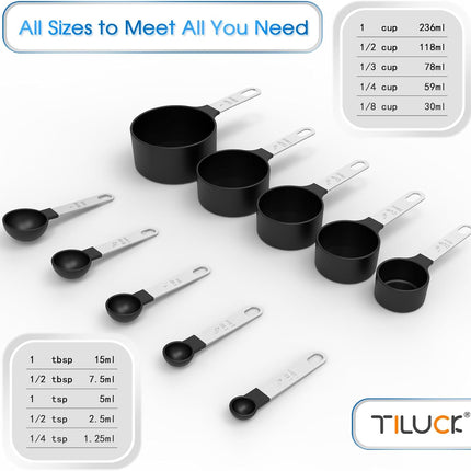 Black Measuring Cups & Spoons Set Stainless Steel Handle Stackable Baking