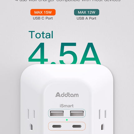 Surge Protector Outlet Extender – 5-Outlet Splitter with 4 USB Wall Charger
