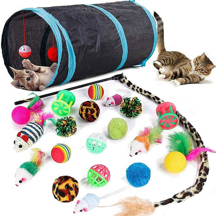 21-Piece Cat Toy Set – Tunnel, Feather Wand & Balls for Indoor Cats