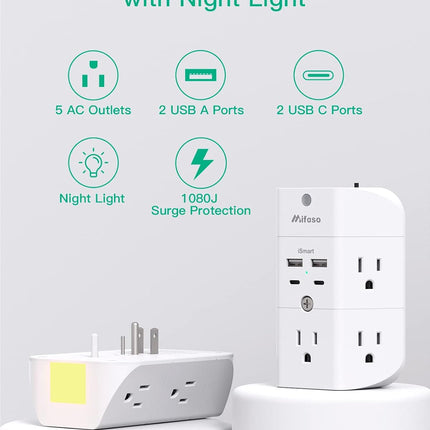 5-Outlet Wall Surge Protector with 4 USB Ports (2 USB-C) & Night Light