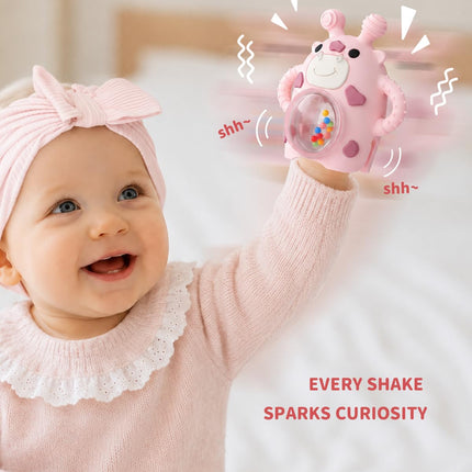 Baby Teether & Sensory Rattle Toy, Anti-Drop Hand Mitt, Teething Relief, Pink Cow