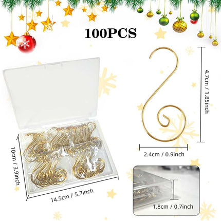 100pcs Gold Ornament Hooks – Metal Christmas Hangers for Tree Balls & Decorations