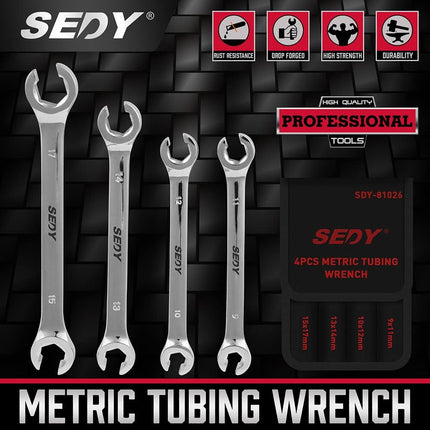 4-Piece Flare Nut Wrench Set, 9-17mm Metric Offset Spanners, CR-V Steel with Pouch