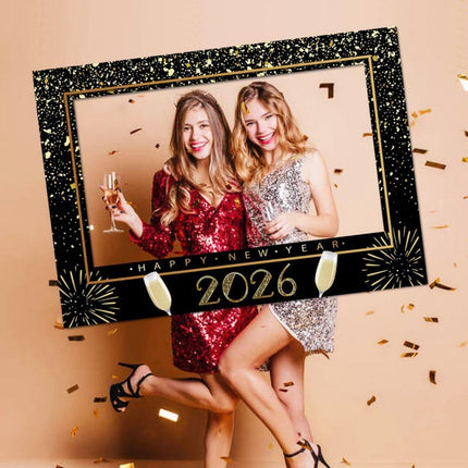 17 PCS Glitter Happy New Year 2026 Photo Booth Props with Photo Frame