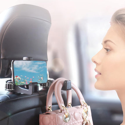 Car Headrest Hook with Phone Holder, Universal 360° Rotating Bag Hanger, Silver