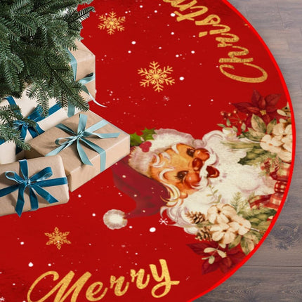 Red and Gold Christmas Tree Skirt Mat, 48 Inch Santa & Snowflake Design