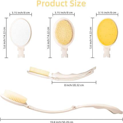 19" Long Handle 3-in-1 Shower Brush, Body Scrubber, Bath Sponge & Lotion Applicator