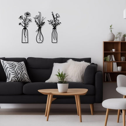 3-Piece Metal Flower Wall Art Set – Rustic Black Decor for Living Room & Bedroom