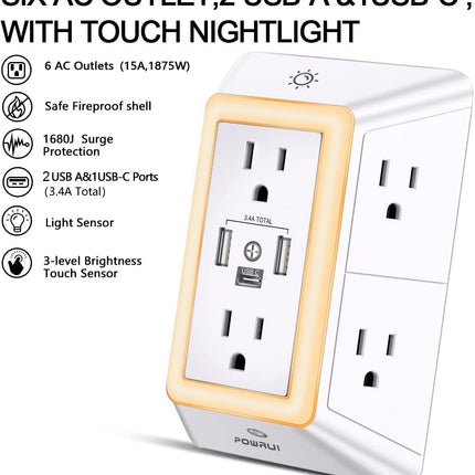 3-Sided 6-Outlet Surge Protector with USB-C, 3 USB Ports & Night Light, White