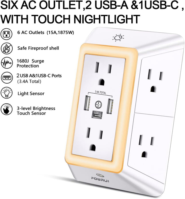 3-Sided 6-Outlet Surge Protector with USB-C, 3 USB Ports & Night Light, White
