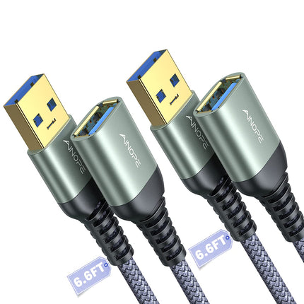 2 Pack USB 3.0 Extension Cable 6.6FT High Speed Data Transfer Cord Grey