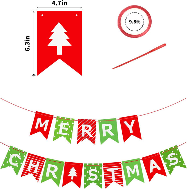 Merry Christmas Banner – Red Green Paper Sign for Fireplace, Wall & Window