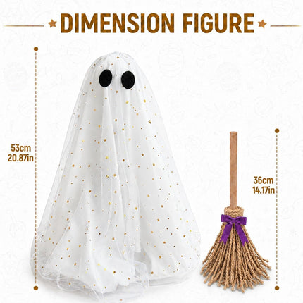 Halloween Lighted Ghost & Witch Broom Set, Fluffy DIY Decor for Mantel & Entryway