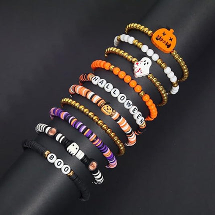 10-Piece Halloween Bracelets Set, Heishi Beaded Boo Skull Charm Stackable Jewelry