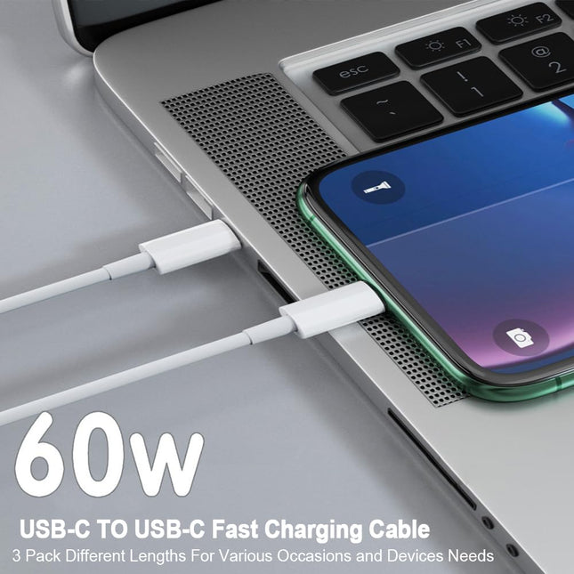 3-Pack 60W USB-C to USB-C Fast Charging Cables – 3.3FT, 6.6FT & 10FT for MacBook, iPhone & Samsung